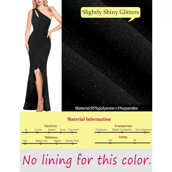 VFSHOW Womens Formal Ruched Ruffle One Shoulder Slit Cutout Evening Gown Fitted Wedding Maxi Long DressSparkly Black