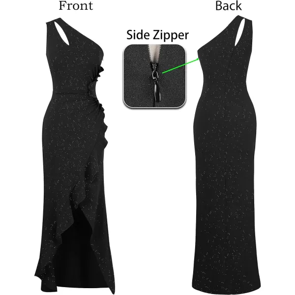 VFSHOW Womens Formal Ruched Ruffle One Shoulder Slit Cutout Evening Gown Fitted Wedding Maxi Long DressSparkly Black