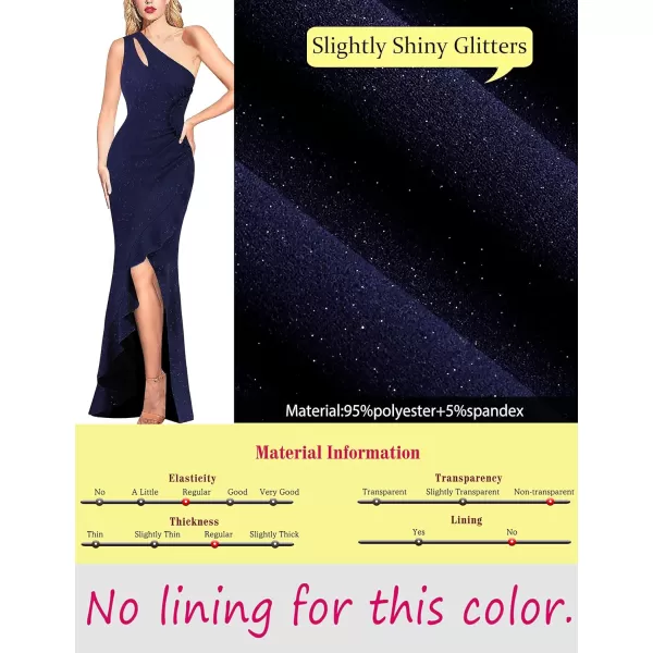 VFSHOW Womens Formal Ruched Ruffle One Shoulder Slit Cutout Evening Gown Fitted Wedding Maxi Long DressSparkly Navy Blue