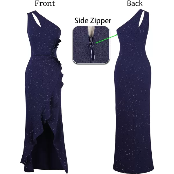 VFSHOW Womens Formal Ruched Ruffle One Shoulder Slit Cutout Evening Gown Fitted Wedding Maxi Long DressSparkly Navy Blue