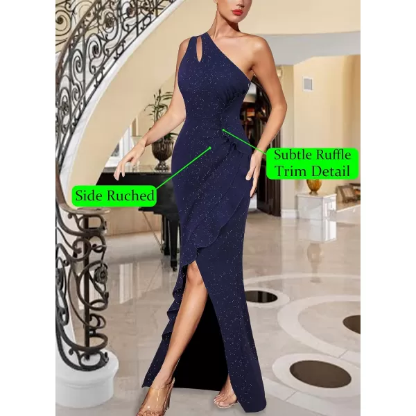 VFSHOW Womens Formal Ruched Ruffle One Shoulder Slit Cutout Evening Gown Fitted Wedding Maxi Long DressSparkly Navy Blue