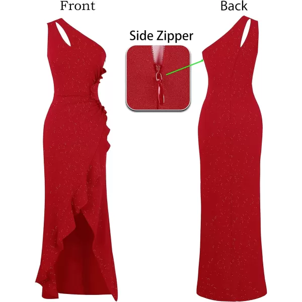 VFSHOW Womens Formal Ruched Ruffle One Shoulder Slit Cutout Evening Gown Fitted Wedding Maxi Long DressSparkly Red