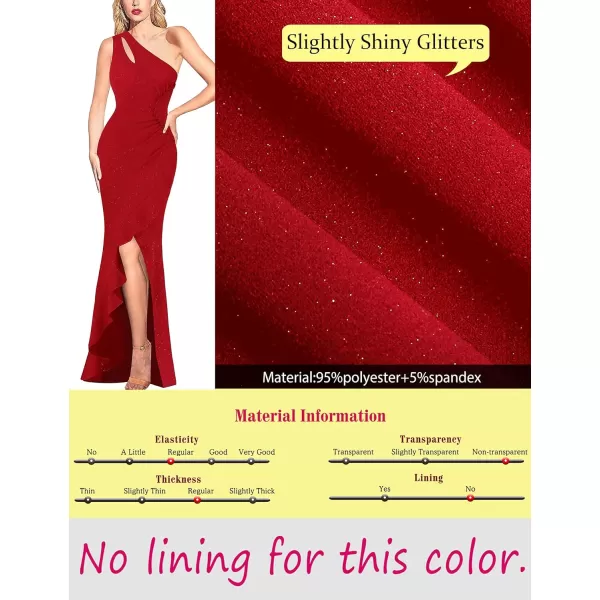 VFSHOW Womens Formal Ruched Ruffle One Shoulder Slit Cutout Evening Gown Fitted Wedding Maxi Long DressSparkly Red