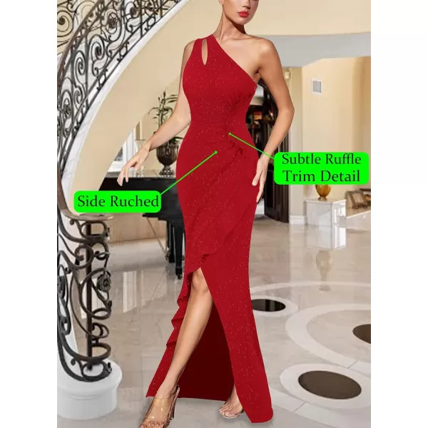 VFSHOW Womens Formal Ruched Ruffle One Shoulder Slit Cutout Evening Gown Fitted Wedding Maxi Long DressSparkly Red