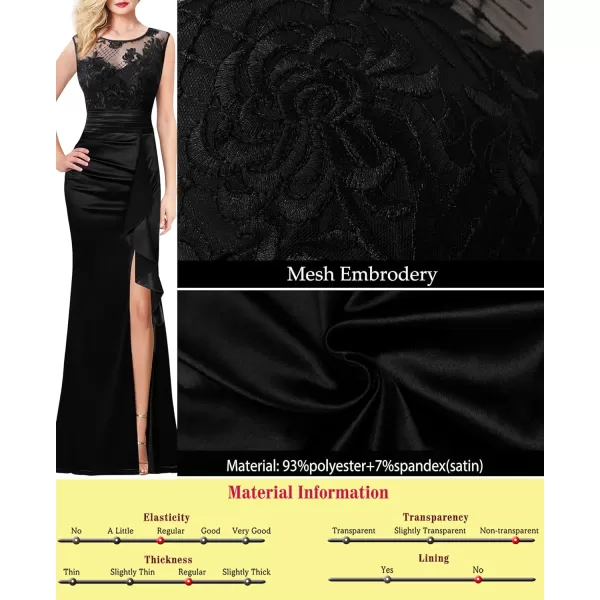 VFSHOW Womens Formal Ruched Ruffles Evening Prom Wedding Party Maxi DressBlack Embroidery  Satin