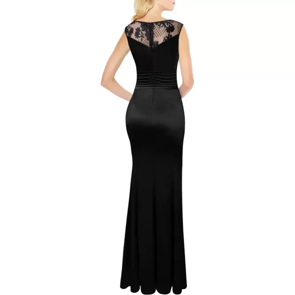 VFSHOW Womens Formal Ruched Ruffles Evening Prom Wedding Party Maxi DressBlack Embroidery  Satin