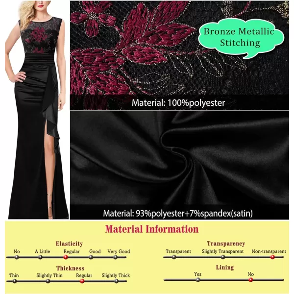 VFSHOW Womens Formal Ruched Ruffles Evening Prom Wedding Party Maxi DressBlack Satin Lace Red Embroidery