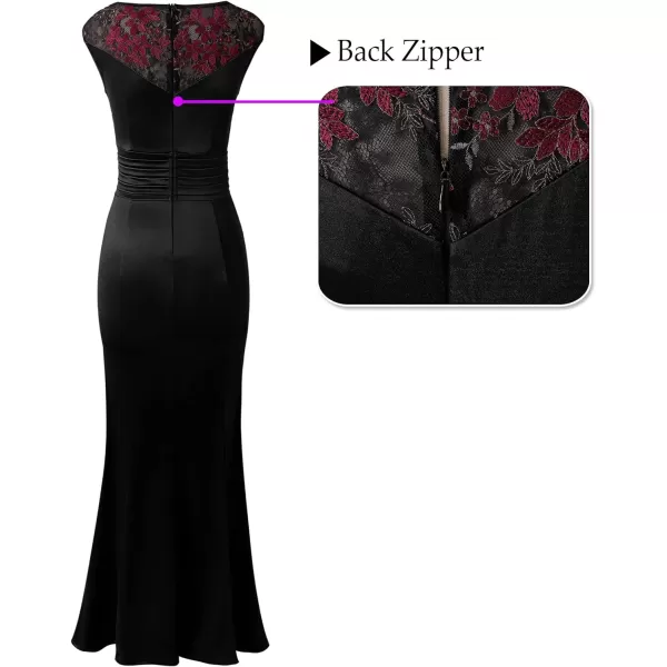 VFSHOW Womens Formal Ruched Ruffles Evening Prom Wedding Party Maxi DressBlack Satin Lace Red Embroidery