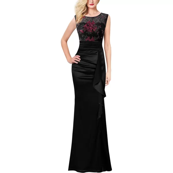 VFSHOW Womens Formal Ruched Ruffles Evening Prom Wedding Party Maxi DressBlack Satin Lace Red Embroidery