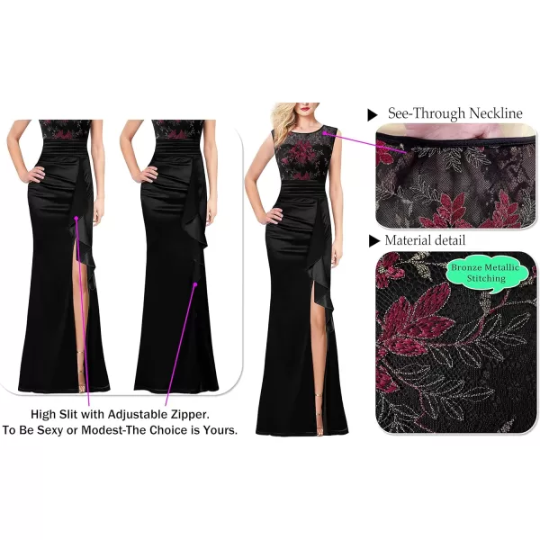 VFSHOW Womens Formal Ruched Ruffles Evening Prom Wedding Party Maxi DressBlack Satin Lace Red Embroidery