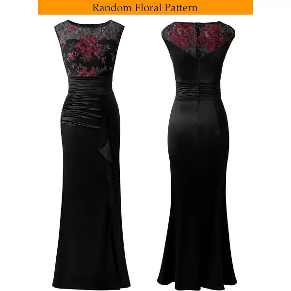 VFSHOW Womens Formal Ruched Ruffles Evening Prom Wedding Party Maxi DressBlack Satin Lace Red Embroidery