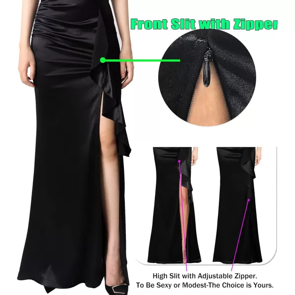 VFSHOW Womens Formal Ruched Ruffles Evening Prom Wedding Party Maxi DressBlack Satinlace2