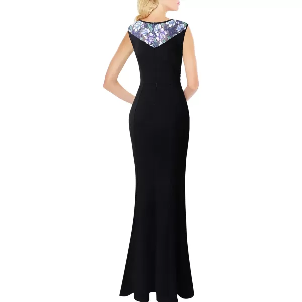 VFSHOW Womens Formal Ruched Ruffles Evening Prom Wedding Party Maxi DressBlack and Multi Floral Print