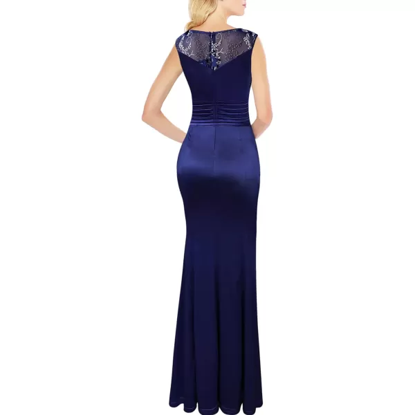 VFSHOW Womens Formal Ruched Ruffles Evening Prom Wedding Party Maxi DressBlue Embroidery  Satin