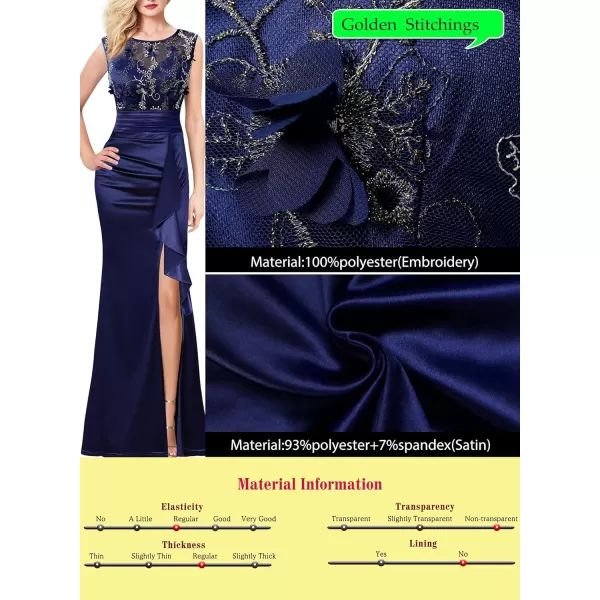 VFSHOW Womens Formal Ruched Ruffles Evening Prom Wedding Party Maxi DressBlue Embroidery  Satin