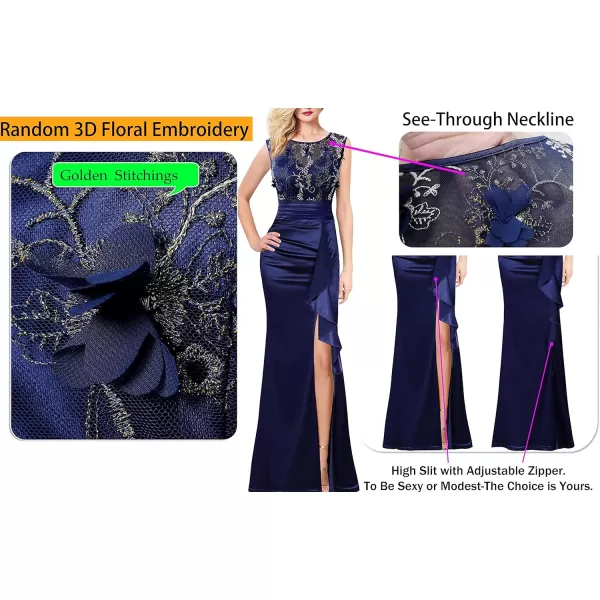 VFSHOW Womens Formal Ruched Ruffles Evening Prom Wedding Party Maxi DressBlue Embroidery  Satin