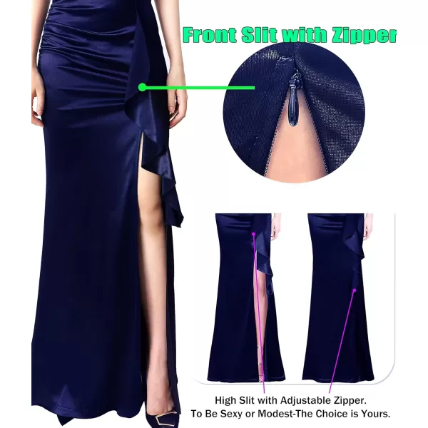 VFSHOW Womens Formal Ruched Ruffles Evening Prom Wedding Party Maxi DressBlue Embroidery  Satin6