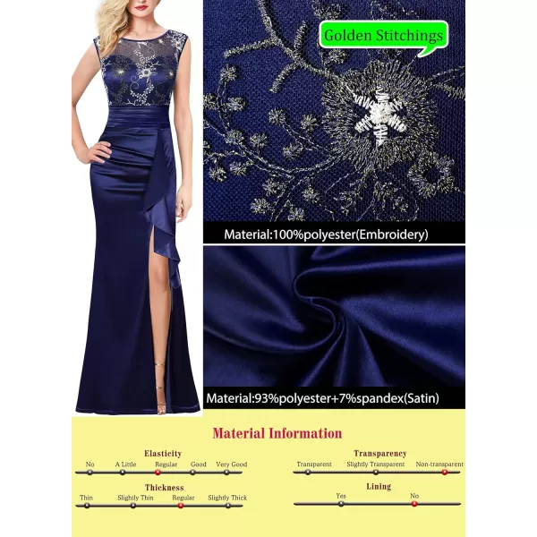 VFSHOW Womens Formal Ruched Ruffles Evening Prom Wedding Party Maxi DressBlue Embroidery  Satin6