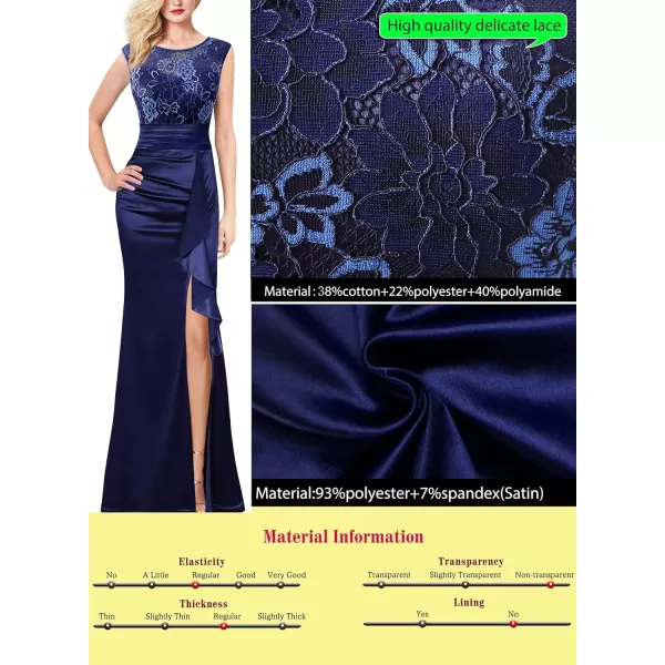 VFSHOW Womens Formal Ruched Ruffles Evening Prom Wedding Party Maxi DressBlue Satin  Contrast Lace