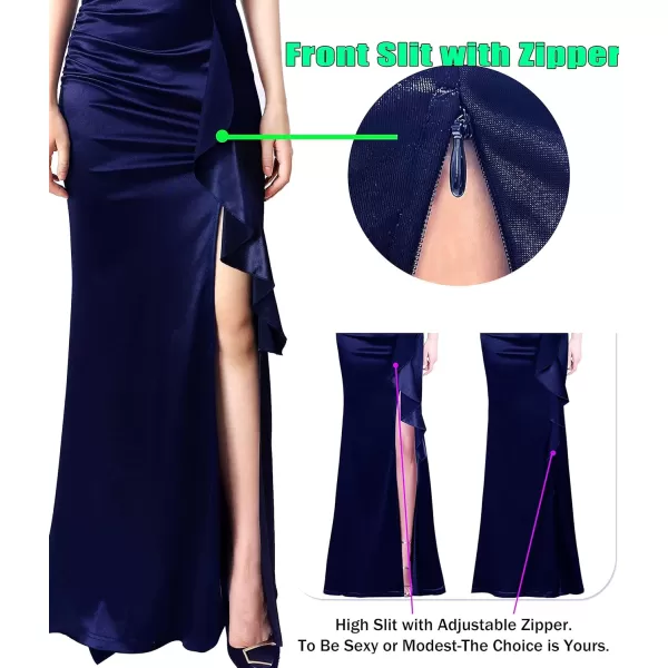 VFSHOW Womens Formal Ruched Ruffles Evening Prom Wedding Party Maxi DressBlue Satin  Contrast Lace