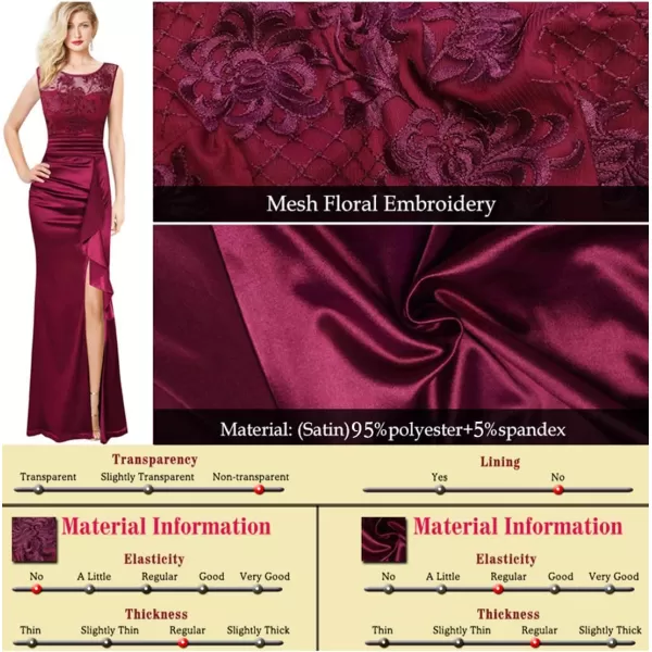 VFSHOW Womens Formal Ruched Ruffles Evening Prom Wedding Party Maxi DressDark Red Embroidery  Satin