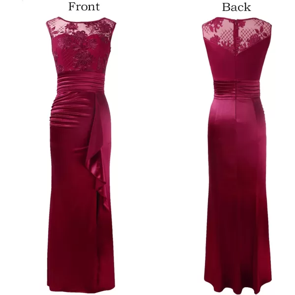 VFSHOW Womens Formal Ruched Ruffles Evening Prom Wedding Party Maxi DressDark Red Embroidery  Satin