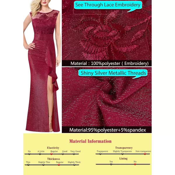 VFSHOW Womens Formal Ruched Ruffles Evening Prom Wedding Party Maxi DressFloral Embroiderysparkly Dark Red