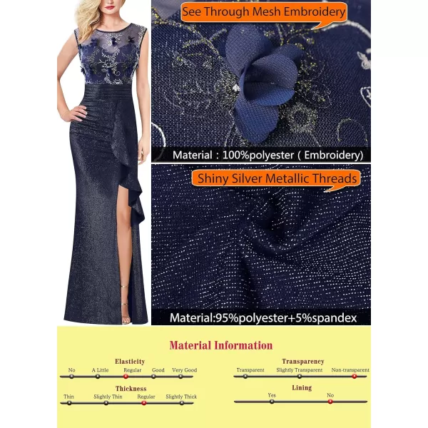 VFSHOW Womens Formal Ruched Ruffles Evening Prom Wedding Party Maxi DressFloral Embroiderysparkly Navy Blue