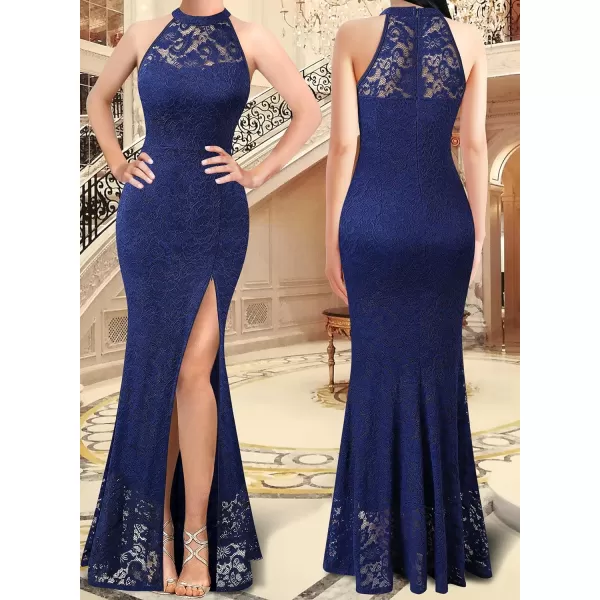 VFSHOW Womens Formal Sexy Halter High Slit Prom Wedding Guest Maxi Dress 2023 Illusion Sweetheart Neckline Evening Long GownBlue Floral Lace