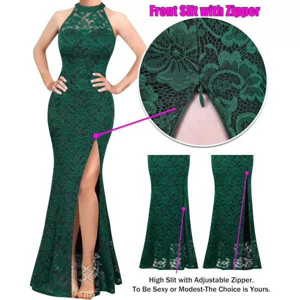 VFSHOW Womens Formal Sexy Halter High Slit Prom Wedding Guest Maxi Dress 2023 Illusion Sweetheart Neckline Evening Long GownGreen Floral Lace