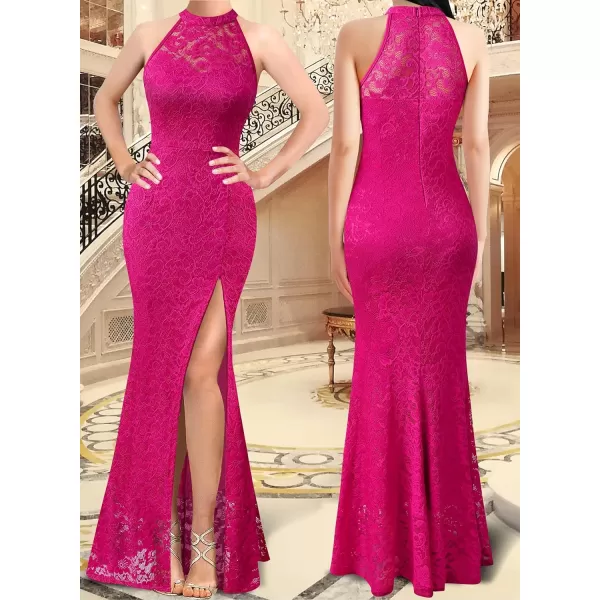 VFSHOW Womens Formal Sexy Halter High Slit Prom Wedding Guest Maxi Dress 2023 Illusion Sweetheart Neckline Evening Long GownHot Pink Lace