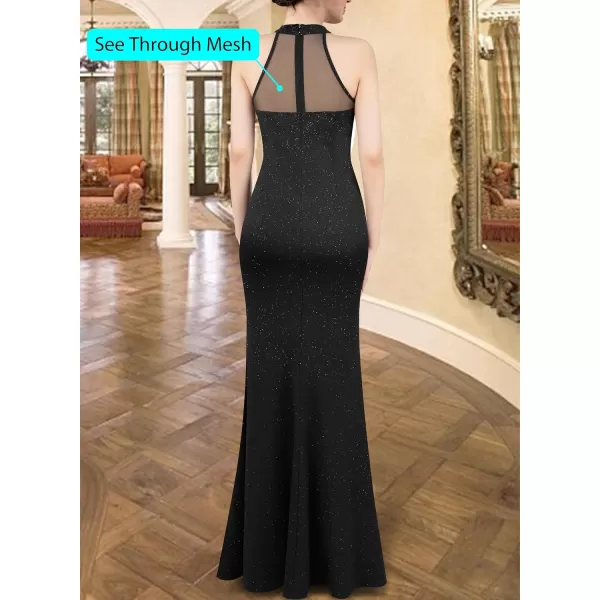 VFSHOW Womens Formal Sexy Halter High Slit Prom Wedding Guest Maxi Dress 2023 Illusion Sweetheart Neckline Evening Long GownSparkly Black