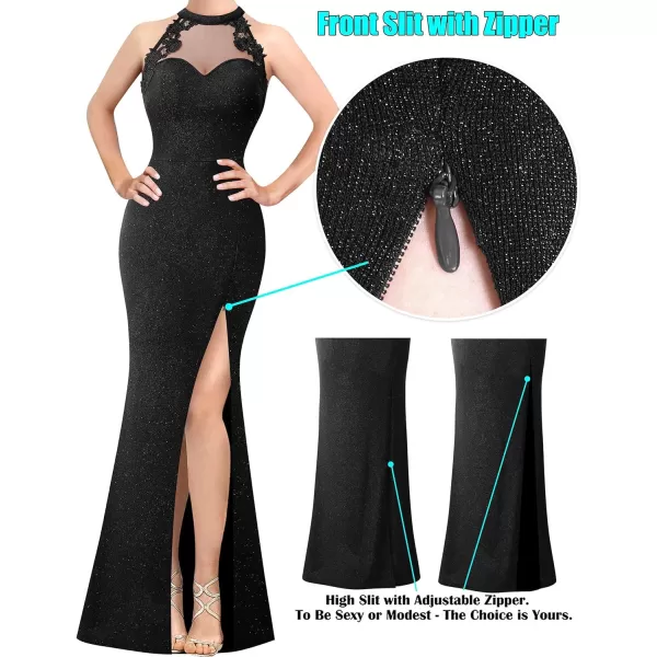 VFSHOW Womens Formal Sexy Halter High Slit Prom Wedding Guest Maxi Dress 2023 Illusion Sweetheart Neckline Evening Long GownSparkly Black2