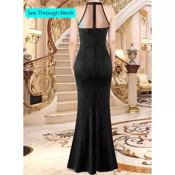 VFSHOW Womens Formal Sexy Halter High Slit Prom Wedding Guest Maxi Dress 2023 Illusion Sweetheart Neckline Evening Long GownSparkly Black2