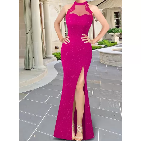 VFSHOW Womens Formal Sexy Halter High Slit Prom Wedding Guest Maxi Dress 2023 Illusion Sweetheart Neckline Evening Long GownSparkly Hot Pink