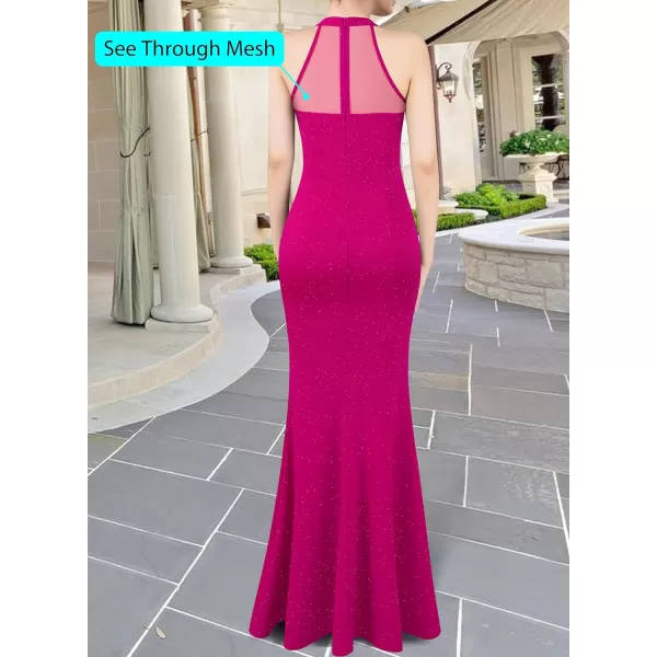 VFSHOW Womens Formal Sexy Halter High Slit Prom Wedding Guest Maxi Dress 2023 Illusion Sweetheart Neckline Evening Long GownSparkly Hot Pink