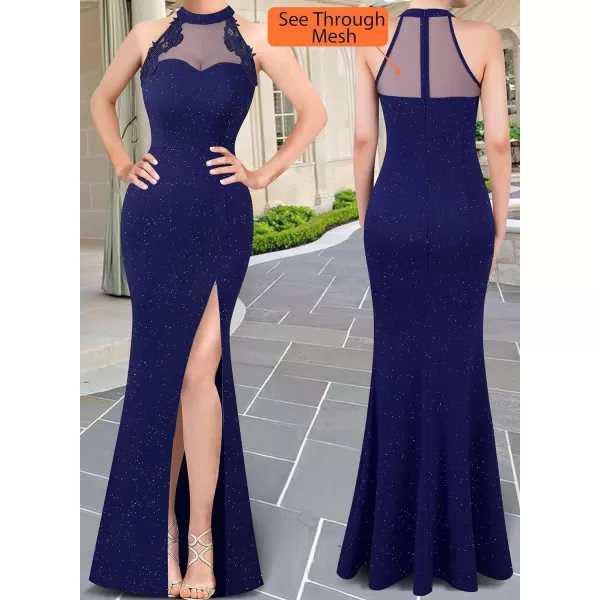 VFSHOW Womens Formal Sexy Halter High Slit Prom Wedding Guest Maxi Dress 2023 Illusion Sweetheart Neckline Evening Long GownSparkly Navy Blue