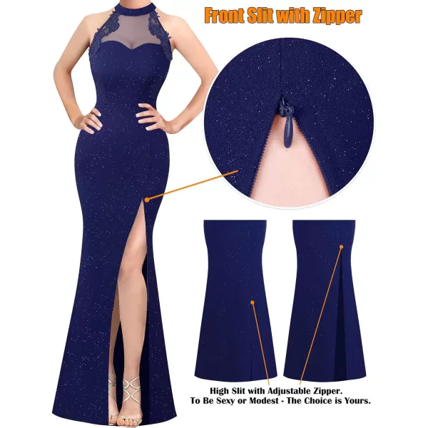 VFSHOW Womens Formal Sexy Halter High Slit Prom Wedding Guest Maxi Dress 2023 Illusion Sweetheart Neckline Evening Long GownSparkly Navy Blue