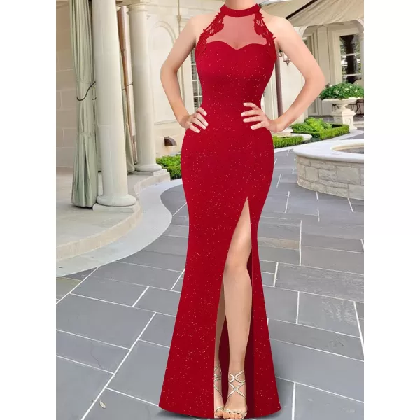 VFSHOW Womens Formal Sexy Halter High Slit Prom Wedding Guest Maxi Dress 2023 Illusion Sweetheart Neckline Evening Long GownSparkly Red