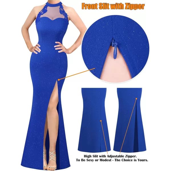 VFSHOW Womens Formal Sexy Halter High Slit Prom Wedding Guest Maxi Dress 2023 Illusion Sweetheart Neckline Evening Long GownSparkly Royal Blue