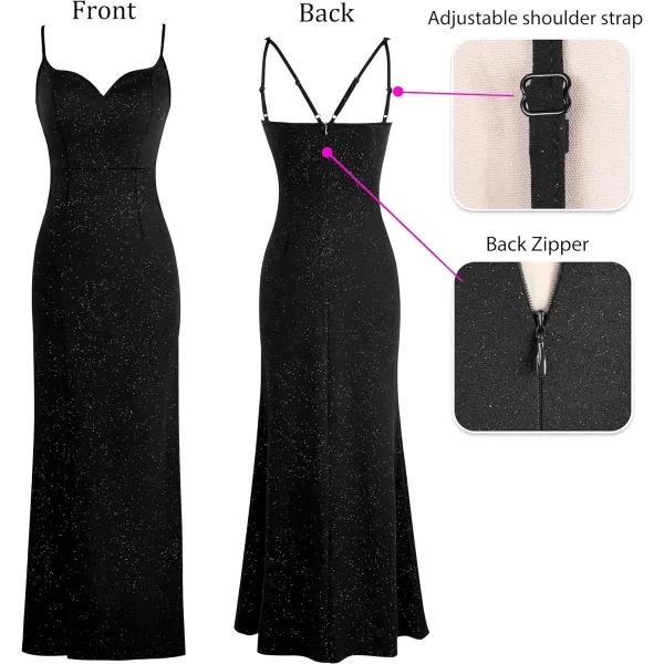 VFSHOW Womens Formal Sexy Spaghetti Strap Sweetheart Fitted High Slit Maxi Dress Cocktail Bodycon Evening Long GownSparkly Black