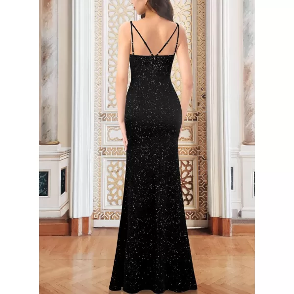 VFSHOW Womens Formal Sexy Spaghetti Strap Sweetheart Fitted High Slit Maxi Dress Cocktail Bodycon Evening Long GownSparkly Black