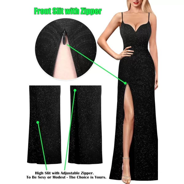 VFSHOW Womens Formal Sexy Spaghetti Strap Sweetheart Fitted High Slit Maxi Dress Cocktail Bodycon Evening Long GownSparkly Black