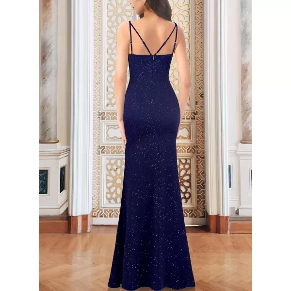 VFSHOW Womens Formal Sexy Spaghetti Strap Sweetheart Fitted High Slit Maxi Dress Cocktail Bodycon Evening Long GownSparkly Dark Blue