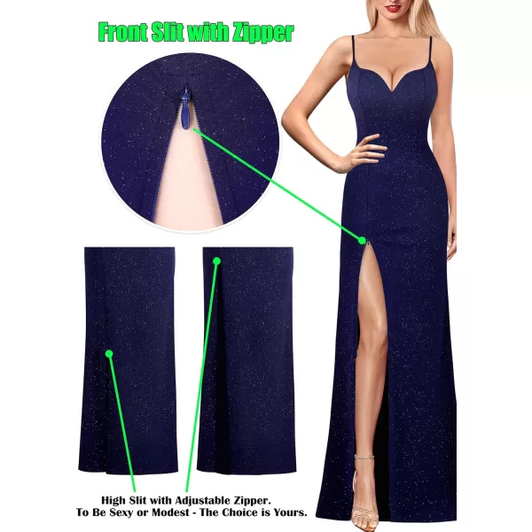 VFSHOW Womens Formal Sexy Spaghetti Strap Sweetheart Fitted High Slit Maxi Dress Cocktail Bodycon Evening Long GownSparkly Dark Blue