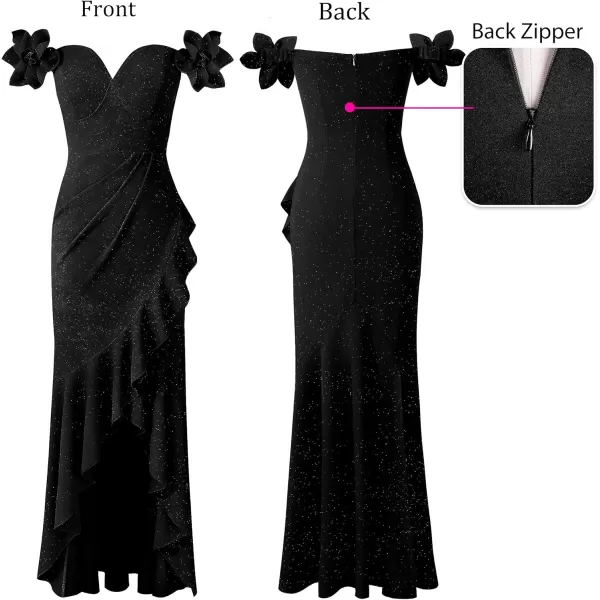 VFSHOW Womens Formal Spaghetti Strap Cold Shoulder Ruched Ruffle Slit Maxi Dress Sexy Sweetheart 3D Flower Prom Evening GownSparkly Black