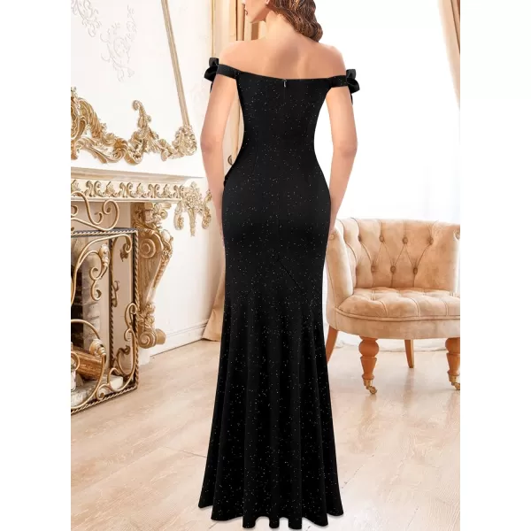 VFSHOW Womens Formal Spaghetti Strap Cold Shoulder Ruched Ruffle Slit Maxi Dress Sexy Sweetheart 3D Flower Prom Evening GownSparkly Black