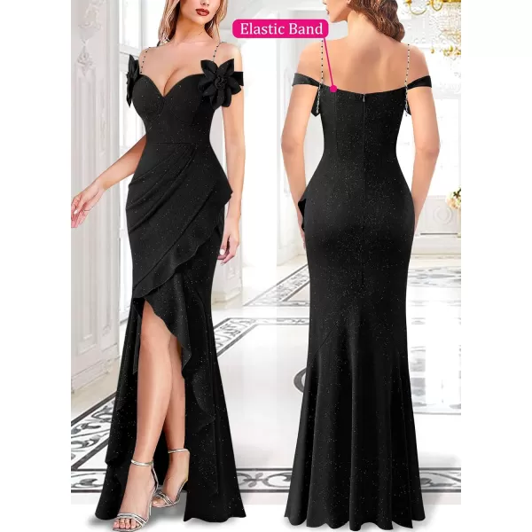 VFSHOW Womens Formal Spaghetti Strap Cold Shoulder Ruched Ruffle Slit Maxi Dress Sexy Sweetheart 3D Flower Prom Evening GownSparkly Black2