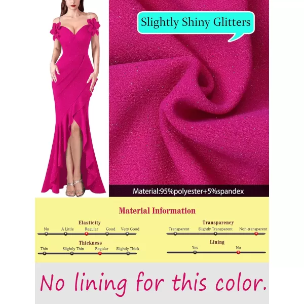 VFSHOW Womens Formal Spaghetti Strap Cold Shoulder Ruched Ruffle Slit Maxi Dress Sexy Sweetheart 3D Flower Prom Evening GownSparkly Hot Pink