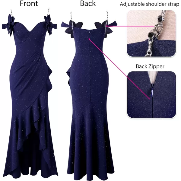 VFSHOW Womens Formal Spaghetti Strap Cold Shoulder Ruched Ruffle Slit Maxi Dress Sexy Sweetheart 3D Flower Prom Evening GownSparkly Navy Blue